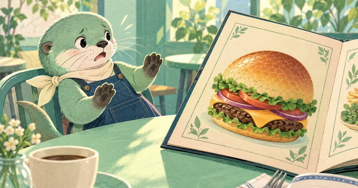 ภาพวาดงานคราฟต์โทนมินต์สว่าง โต๊ะคาเฟ่มีเมนูกระดาษวางภาพเบอร์เกอร์ผิวเรียบเกินจริงจนดูประหลาด มาสคอตนากสีมินต์สวมผ้าพันคอสีครีมและผ้ากันเปื้อนยีนส์ผงะถอย ไม่มีโลโก้หรือตัวหนังสือ