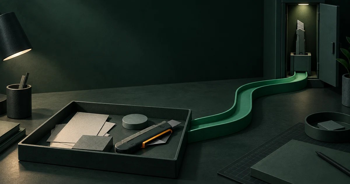 ถาด workspace สีเขียวเข้มมีเครื่องมือปลอมคมสีอำพันวางขวางทางไปยังเครื่องมือจริงในตู้ที่แยกออกไป