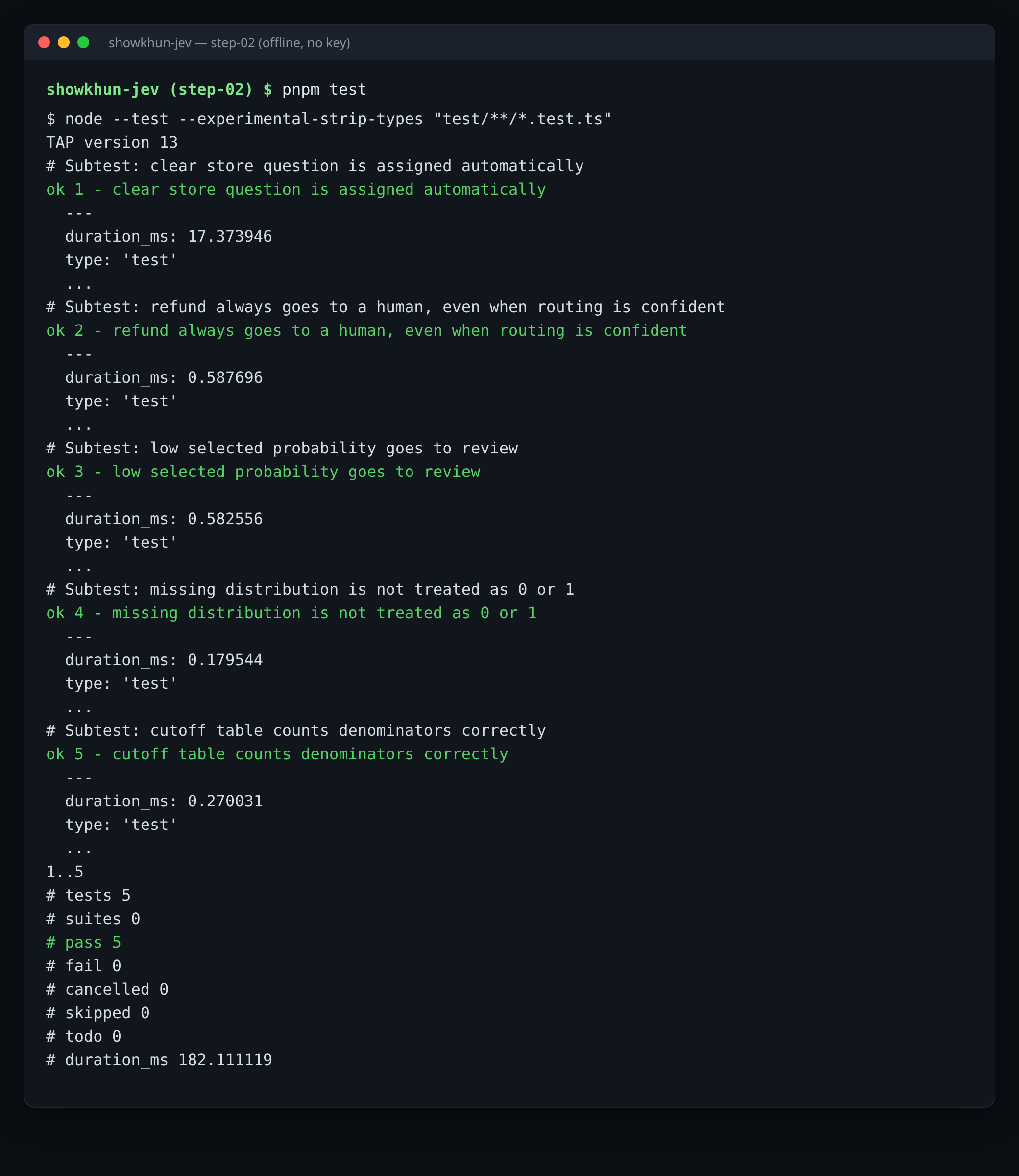 Terminal ธีมมืด รัน pnpm test บน branch step-02 ผ่าน 5 จาก 5 เทสโดยไม่ใช้ key