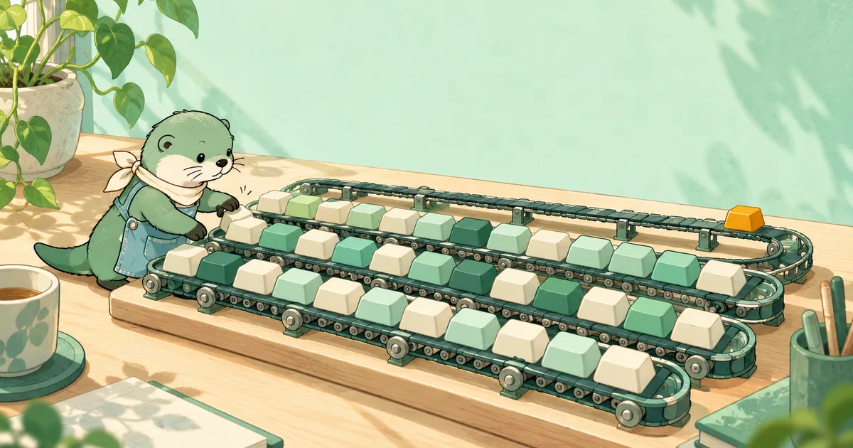 ภาพวาดมือโทนมิ้นต์สว่างบนโต๊ะทำงาน มีคีย์บอร์ด DIY สี่แถววางบนสายพานเล็กๆ คล้ายสายพานซูชิ คีย์ Backspace สีอำพันอยู่ไกลจากจุดพิมพ์ นากสีมิ้นต์ใส่ผ้าพันคอครีมกับเอี๊ยมยีนส์ก้มรอจังหวะกดคีย์ที่ไหลมา