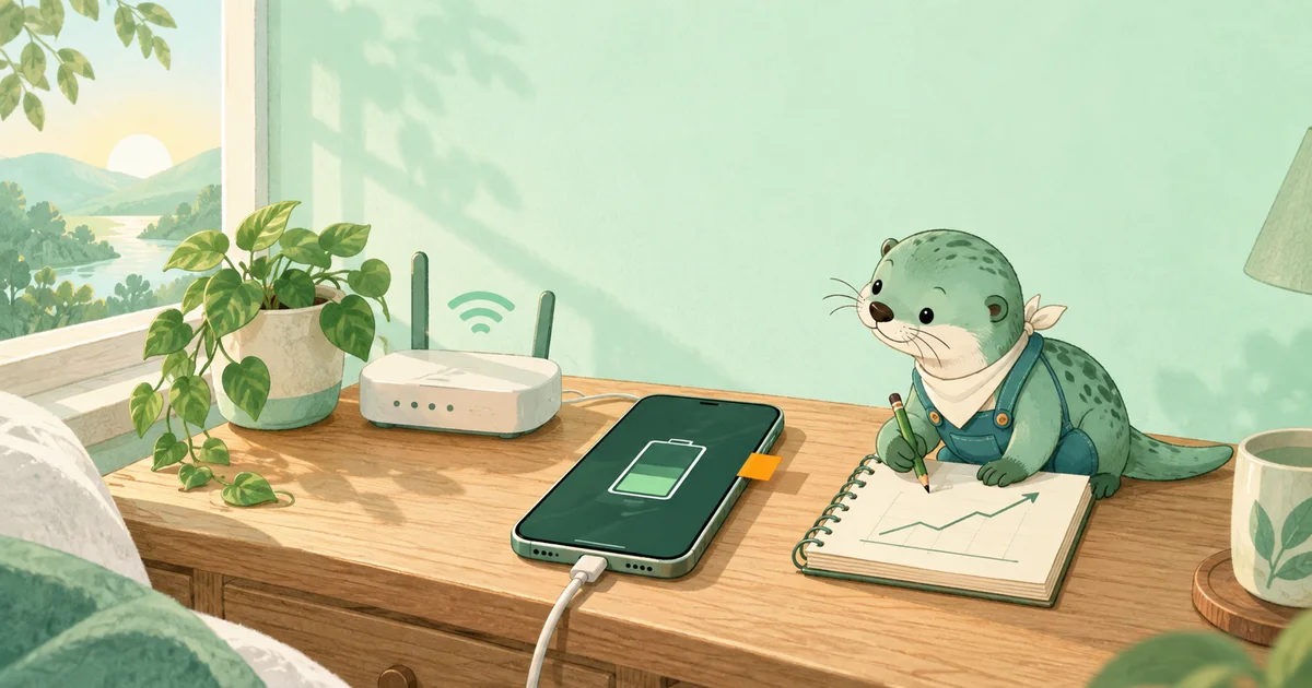 ภาพวาดมือโทนมิ้นต์สว่าง มือถือเสียบชาร์จบนโต๊ะไม้ข้างเราเตอร์ Wi-Fi หน้าจอเป็นไอคอนแบตสีเขียวราวครึ่งก้อน นากสีมิ้นต์ใส่เอี๊ยมและผ้าพันคอกำลังวาดกราฟเส้นขึ้นในสมุด