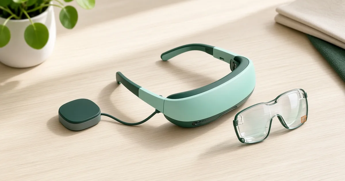 หัวชุด VR บางสไตล์แว่นวางบนโต๊ะไม้สว่าง มีเลนส์สายตาถอดได้และพักประมวลผลแบบมีสายต่อขมับซ้าย