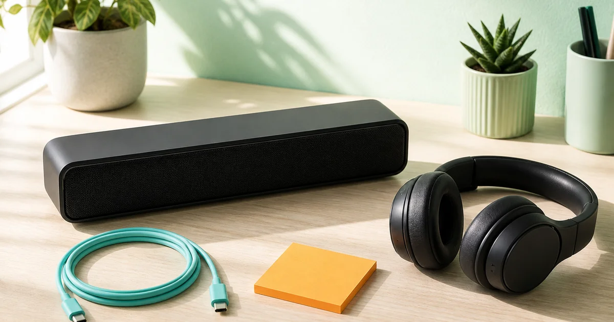 ซาวด์บาร์กับหูฟังโอเวอร์เอียร์สีดำบนโต๊ะไม้แสงมิ้นต์ มีสาย USB-C สีเทลพันข้างโน้ตสีอำพัน