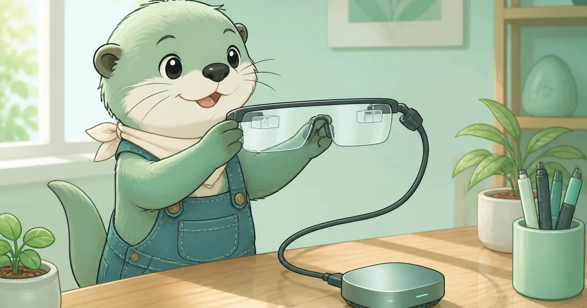 นากมิ้นต์ยืนถือแว่น AR ใสที่ต่อสายไปยังกล่อง compute puck บนโต๊ะไม้กลางวัน