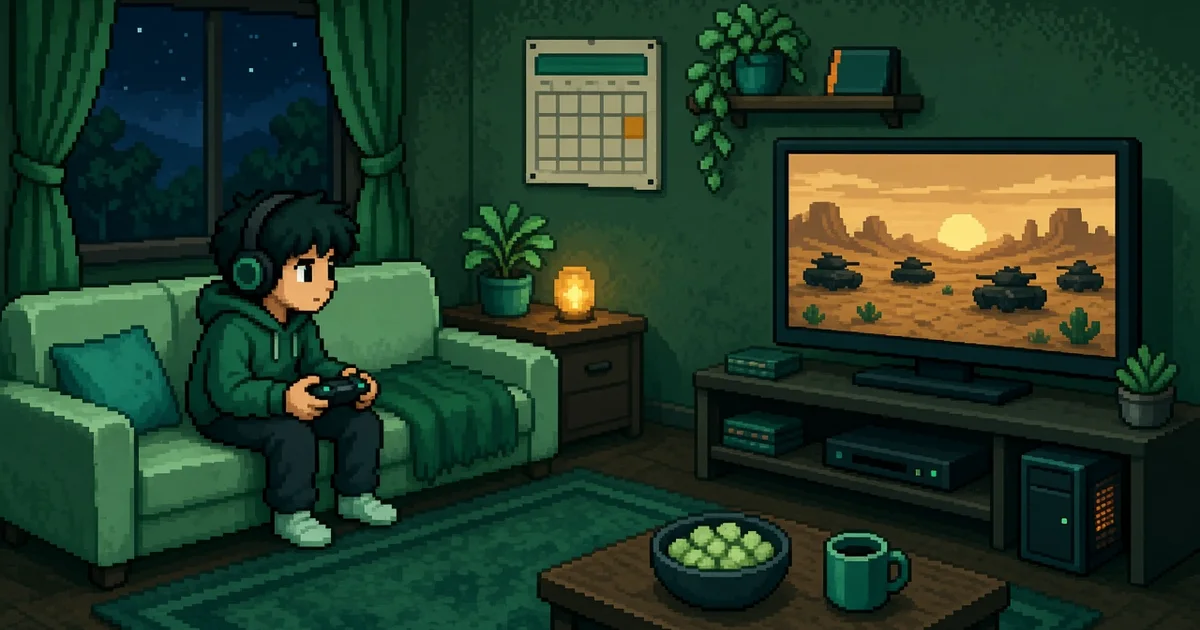 ภาพพิกเซลอาร์ตห้องนั่งเล่นตอนกลางคืน เกมเมอร์ใส่หูฟังนั่งโซฟาถือจอยเกม ทีวีแสดงทะเลทรายกับเงารถถังไกล ๆ เครื่องเกมและพีซีใต้ทีวี และปฏิทินบนผนัง