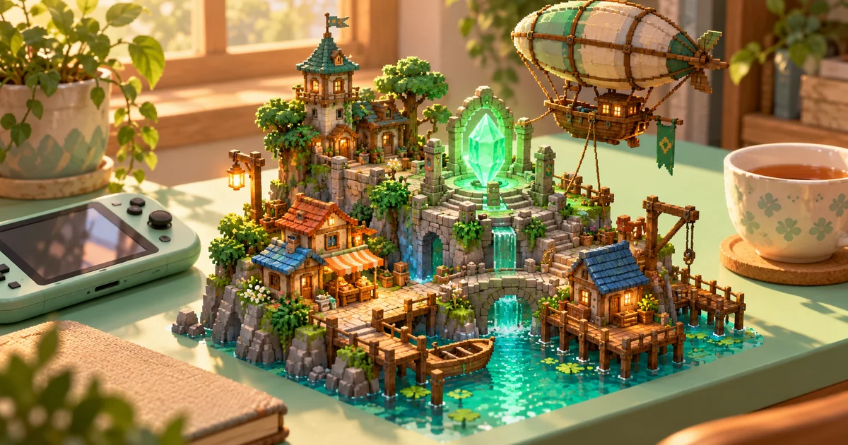 ภาพโมเดลพิกเซลอาร์ตเมืองแฟนตาซีบนเนินหินริมน้ำ มีบ้านหลังคาสีส้ม หอคอย คริสตัลสีเขียวเรืองแสง และเรือเหาะลอยเหนือเมือง วางบนโต๊ะสว่างข้างเครื่องเกมพกพาสีมิ้นต์ไม่มีแบรนด์และแก้วชา