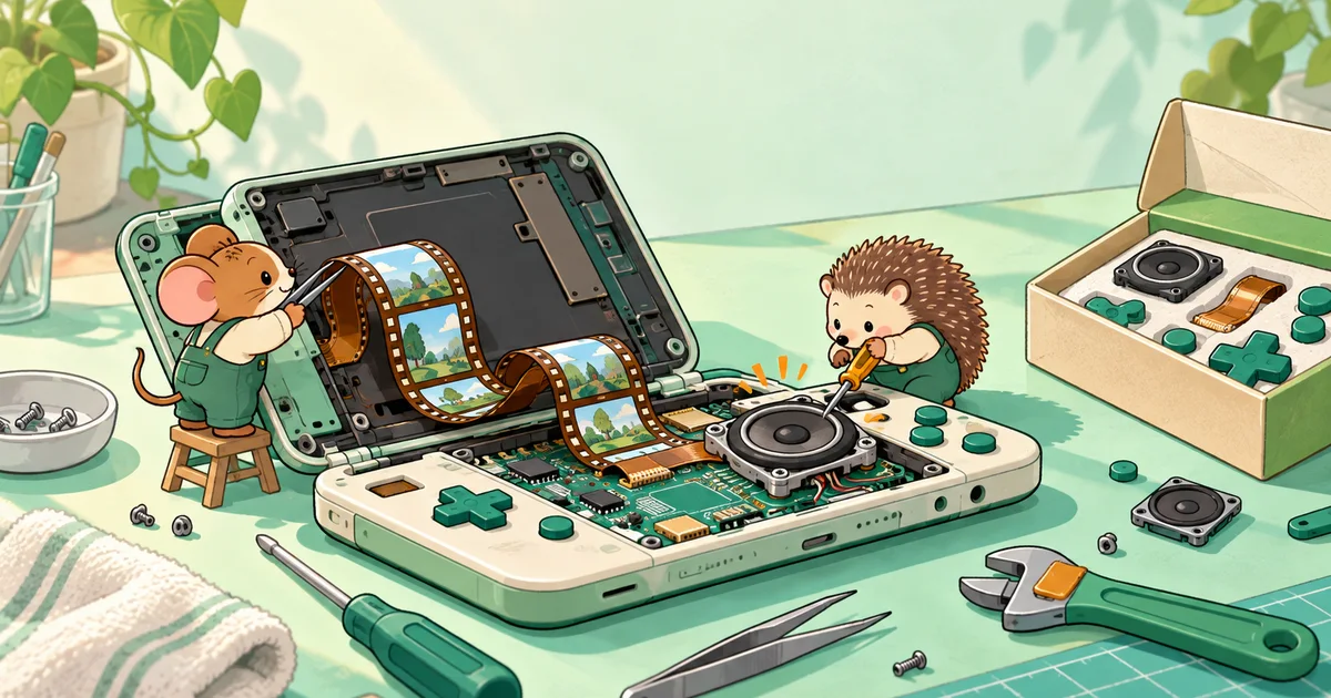 เครื่องเกมพกพาไม่มีแบรนด์เปิดฝาอยู่บนโต๊ะช่างสีมิ้นต์ หนูและเม่นการ์ตูนใช้เครื่องมือจิ๋วซ่อมแถบฟิล์มที่กลับหัวและลำโพงเล็ก ข้างกล่องชิ้นส่วนแพตช์สีเขียว