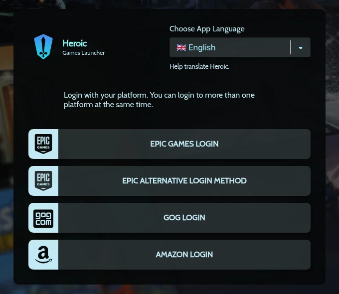 หน้าล็อกอินของ Heroic 2.22.3 มีปุ่ม Epic Games Login, Epic alternative login, GOG Login และ Amazon Login