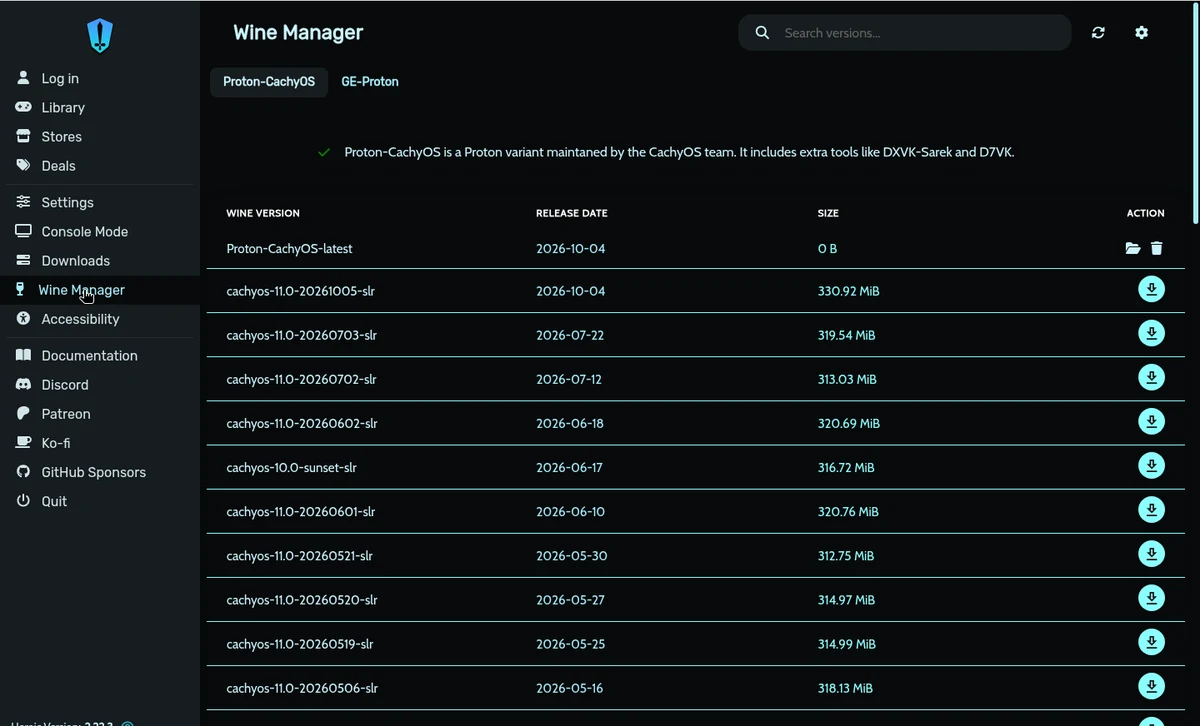 หน้า Wine Manager ใน Heroic 2.22.3 แสดงรายการ Proton-CachyOS และแท็บ GE-Proton