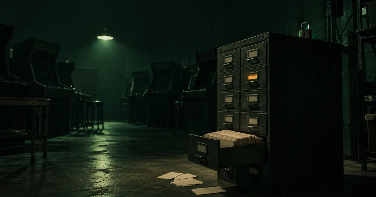 ห้องหลังร้านเกมตู้ยามค่ำที่มีลิ้นชักเก็บบัตรสมาชิกถูกดึงออกมาจนสุด บัตรบางใบหล่นกระจายบนพื้น และมีแม่กุญแจตัวใหม่วางบนตู้ โดยมีเงาตู้เกมไม่มีแบรนด์อยู่ด้านหลัง