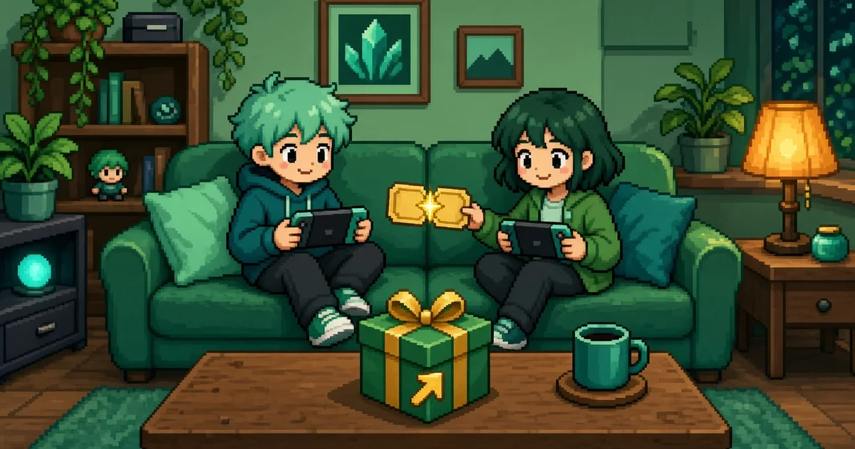 ภาพพิกเซลอาร์ตเพื่อนสองคนนั่งโซฟาถือเครื่องเกมพกพาจอยถอดได้ คนหนึ่งยื่นตั๋วที่แยกเป็นสองใบให้อีกคน มีกล่องของขวัญลูกศรอัปเกรดบนโต๊ะ