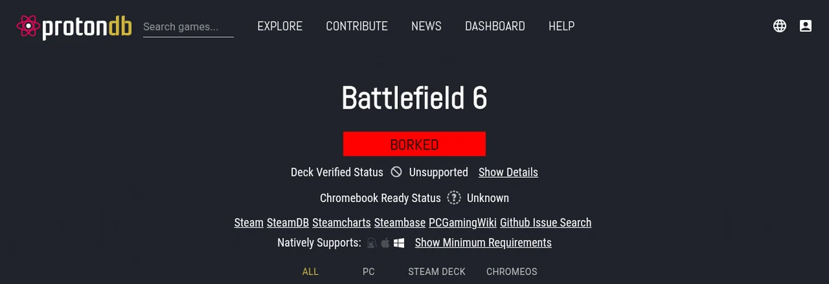 หน้า ProtonDB ของ Battlefield 6 แสดงระดับ BORKED และสถานะ Steam Deck Unsupported
