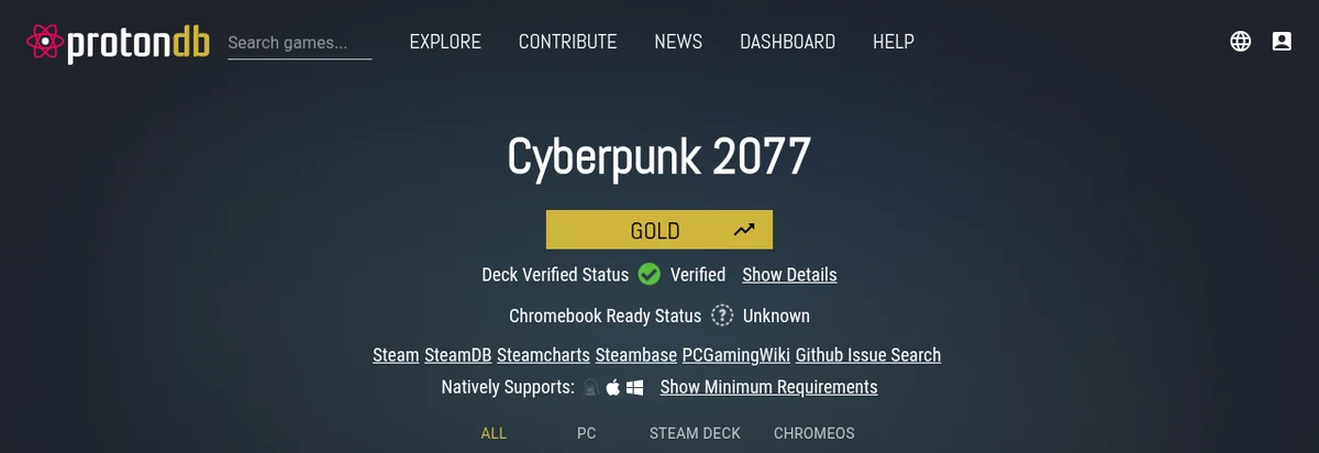หน้า ProtonDB ของ Cyberpunk 2077 แสดงระดับ GOLD และสถานะ Steam Deck Verified