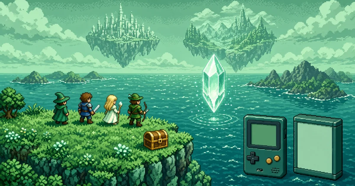 ภาพพิกเซลอาร์ตสไตล์เกม RPG คลาสสิก นักผจญภัยสี่คนยืนบนหน้าผาหญ้ามองคริสตัลลอยเหนือทะเล เกาะลอยฟ้าบนท้องฟ้า หีบสมบัติ และเครื่องเกมพกพาไม่มีแบรนด์ที่มุมภาพ