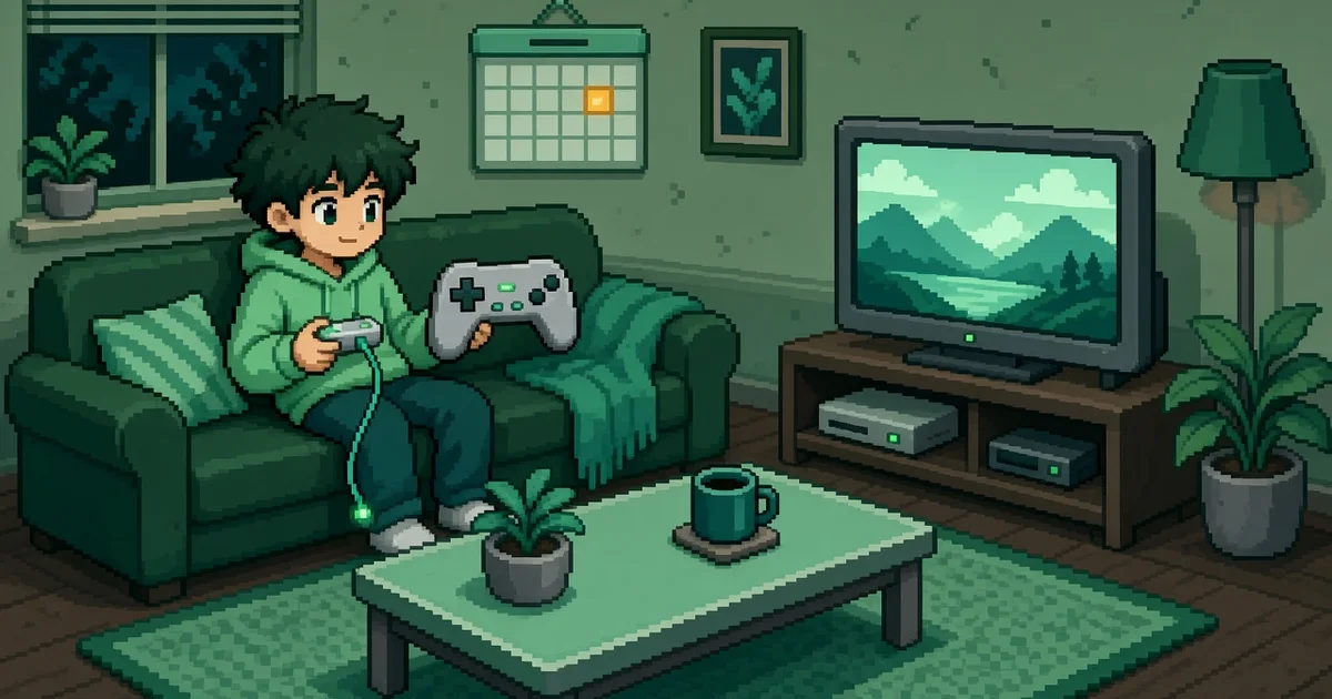 ภาพพิกเซลอาร์ตเกมเมอร์นั่งโซฟาในห้องนั่งเล่นสีเขียว ถือจอยเกมที่เสียบสายชาร์จเรืองแสง หน้าทีวีที่แสดงภาพวิวภูเขา และปฏิทินบนผนังที่ไฮไลต์หนึ่งช่อง