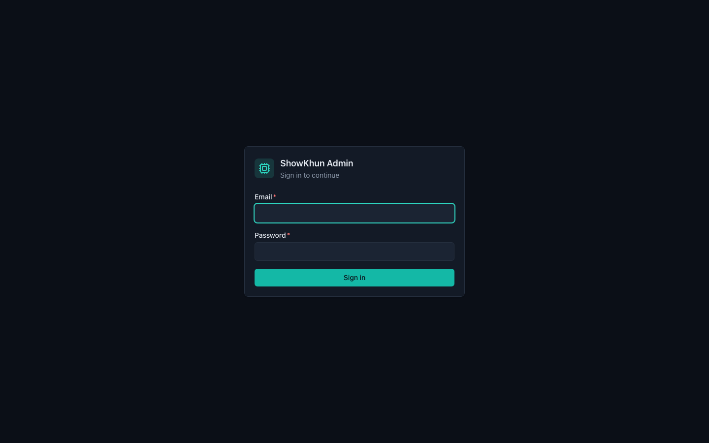 หน้า Login ของ ShowKhun Admin — ฟอร์ม email/password บนธีมมืด พร้อม validation