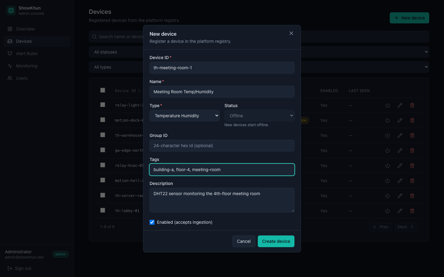 ฟอร์มสร้าง device ใหม่ — modal พร้อมช่องกรอกและ validation