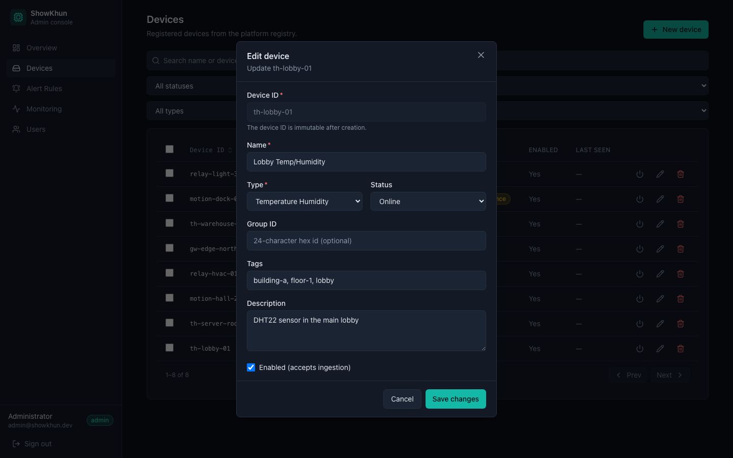 ฟอร์มแก้ไข device — modal เติมข้อมูลเดิมของ Lobby Temp/Humidity ไว้ล่วงหน้า