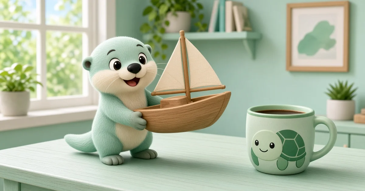 นากกายถือเรือใบของเล่นข้างแก้วกาแฟบนโต๊ะมิ้นต์