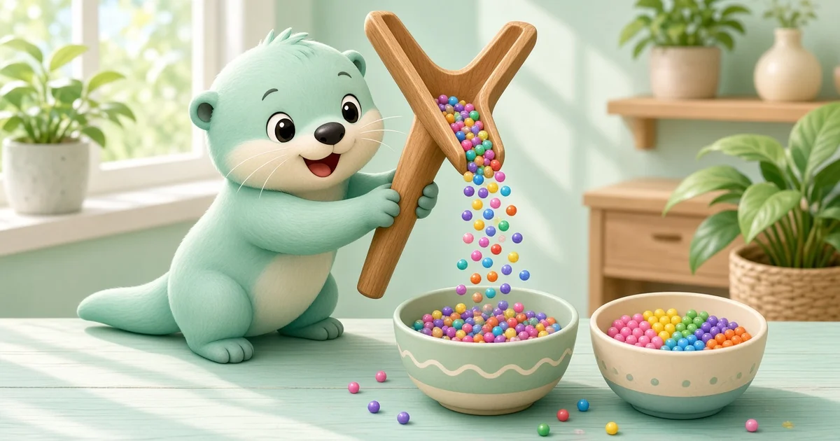 นากกายเทเม็ดสีผ่านกรวยไม้แยกสองทางลงชามบนโต๊ะมิ้นต์