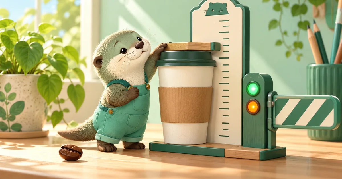 นากการ์ตูนใส่เอี๊ยมสีเขียวยืนวัดความสูงแก้วกาแฟกับไม้วัดระดับขนาดใหญ่ ข้างไฟสัญญาณเขียวเหลืองและแผงกั้นลายทาง บนโต๊ะไม้ในห้องสว่างที่มีต้นไม้
