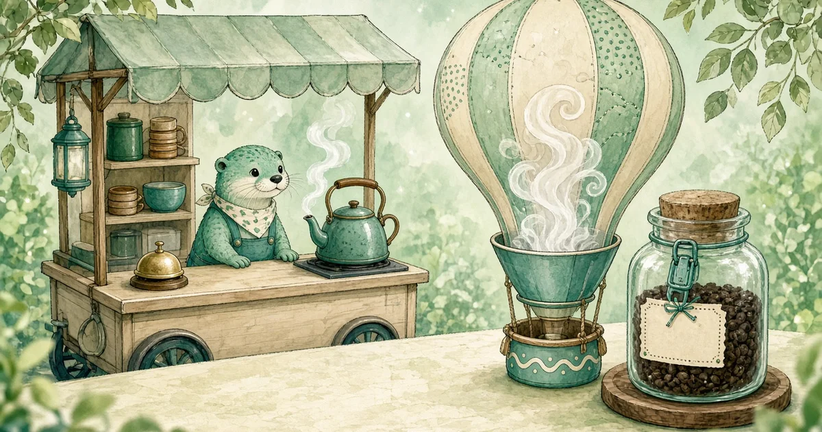 นากการ์ตูนสีมิ้นต์ยืนที่รถเข็นกาแฟเล็ก ๆ ต้มกาน้ำครั้งเดียวเมื่อมีลูกค้าคนแรก ข้างโหลกาแฟที่เติมแล้วปิดล็อก และแก้วกาแฟรูปบอลลูน