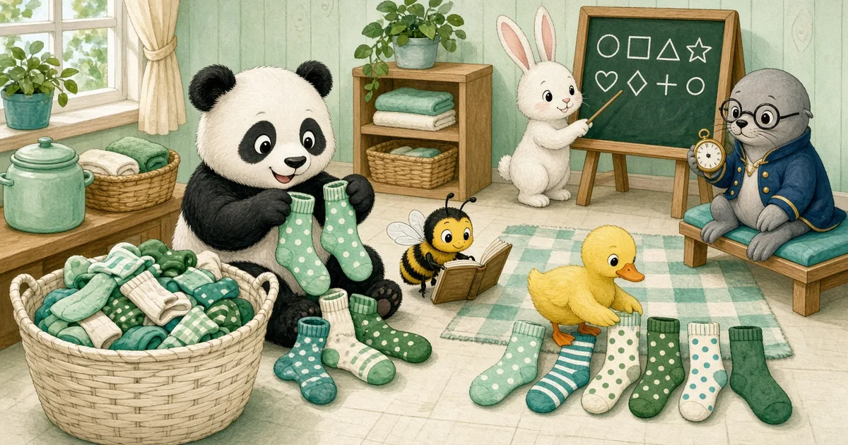 ภาพการ์ตูนห้องซักผ้าที่แพนด้าจับคู่ถุงเท้า ผึ้งจดบัญชี ลูกเป็ดเรียงถุงเท้า กระต่ายยืนหน้ากระดาน และบารอนสิงโตทะเลใส่โค้ทนั่งถือนาฬิกาจับเวลา