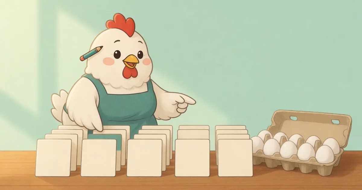 แม่ไก่ใส่ผ้ากันเปื้อนเรียงการ์ดเป็นแถวเหมือนเรียงไข่ลงแผง ข้างๆ มีแผงไข่ที่เรียงไว้เรียบร้อย