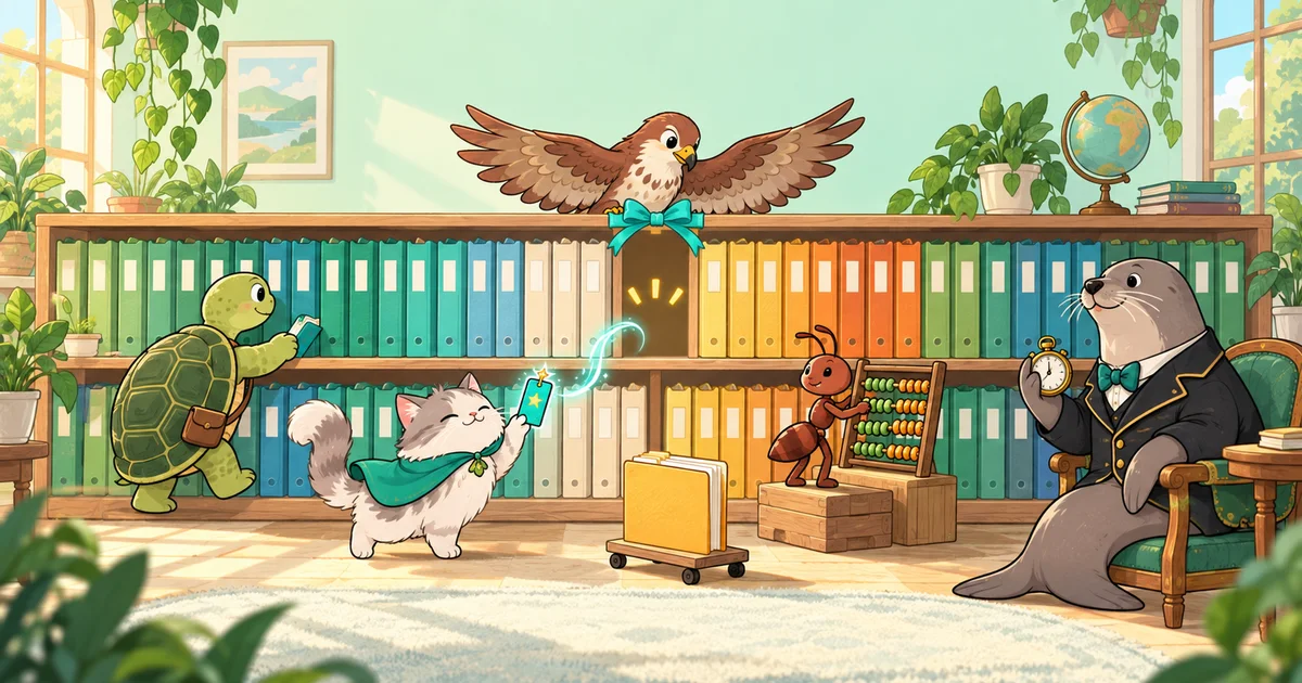 ภาพการ์ตูนห้องสมุดชั้นแฟ้มเรียงสี เต่าเดินตรวจทีละช่อง เหยี่ยวกางปีกเหนือชั้น แมวยื่นการ์ดเข้าช่องว่าง และมดนับลูกคิด โดยบารอนสิงโตทะเลนั่งถือนาฬิกาจับเวลา