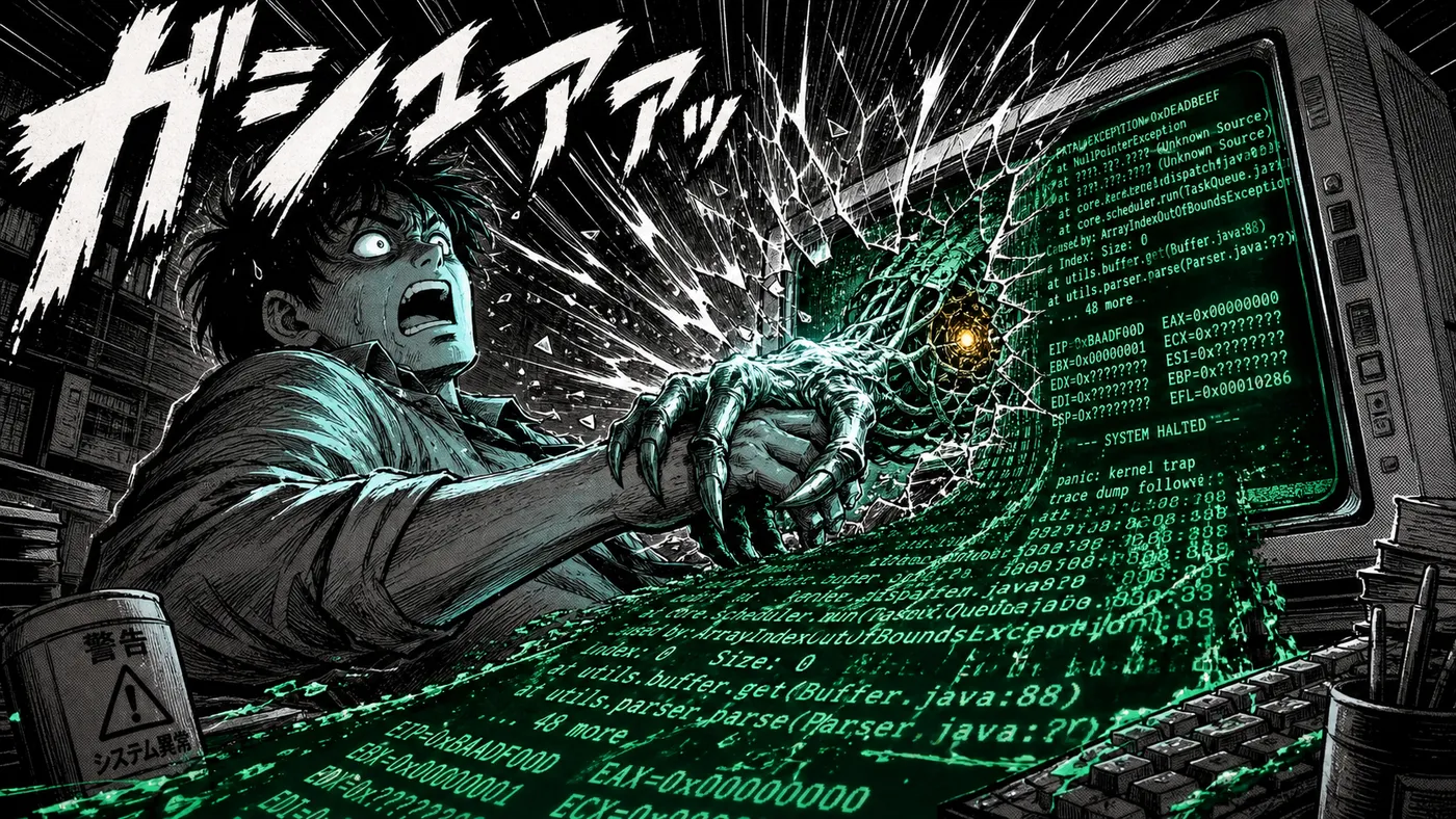 ภาพการ์ตูนดราม่า นักพัฒนาสะดุ้งถอยหลังเมื่อหน้าจอแตกร้าวและมีข้อความ error ทะลักออกมาท่วมจอ