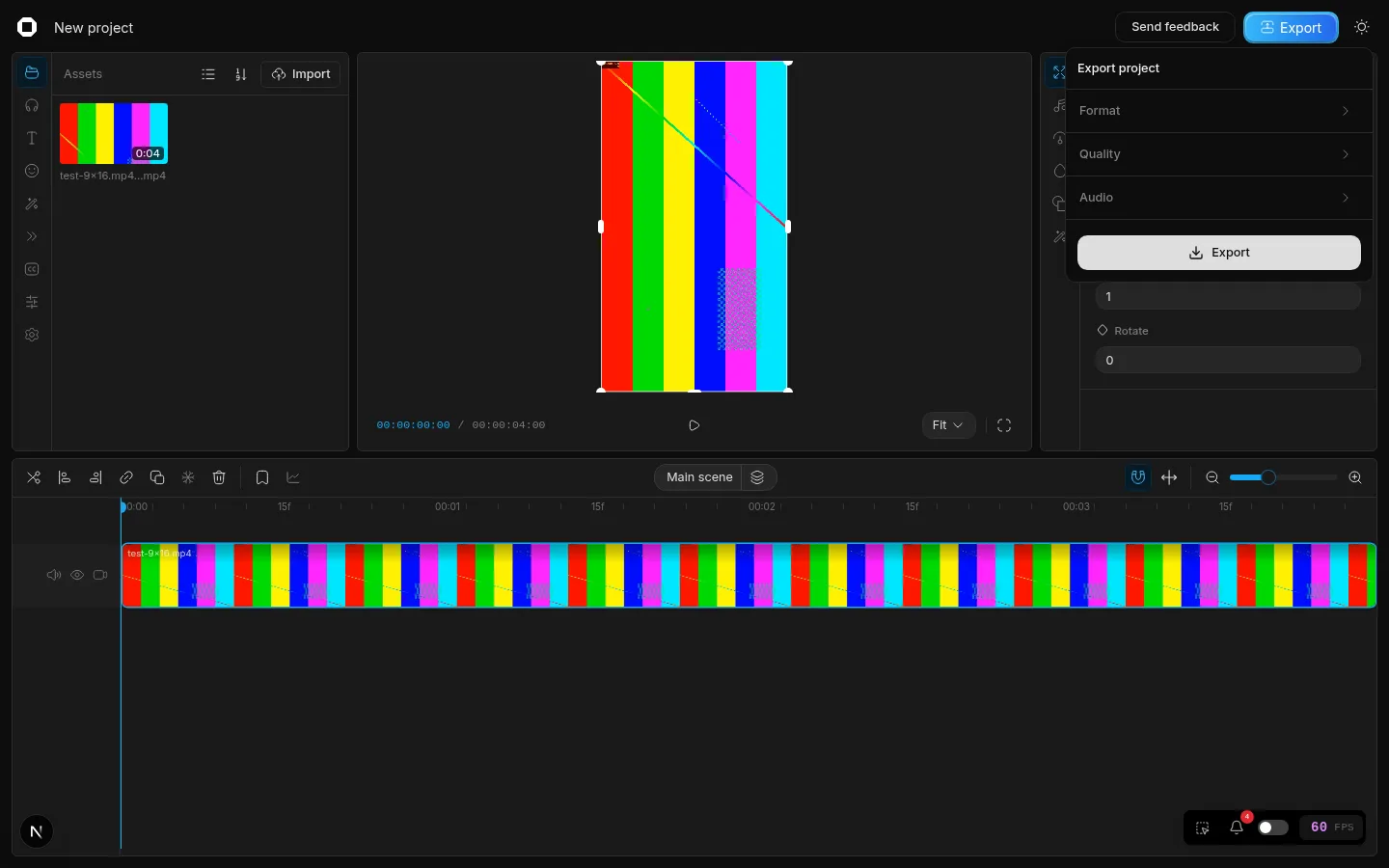 เมนู Export project เปิดอยู่มุมขวาบน มีหัวข้อ Format, Quality และ Audio และปุ่ม Export สีขาว