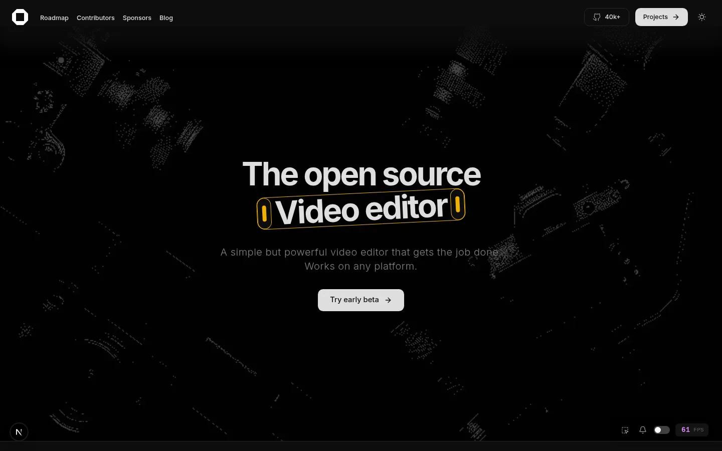 หน้าแรกของ OpenCut ที่รันในเครื่อง ธีมมืด หัวข้อ The open source Video editor และปุ่ม Try early beta มุมล่างซ้ายมีปุ่ม N ของ Next.js และมุมล่างขวามีแถบเครื่องมือ React Scan