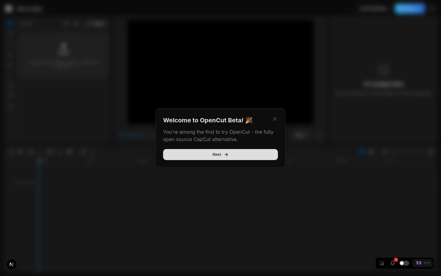 หน้าตัดต่อเบลออยู่ด้านหลัง มีกล่อง Welcome to OpenCut Beta! พร้อมข้อความ You're among the first to try OpenCut และปุ่ม Next