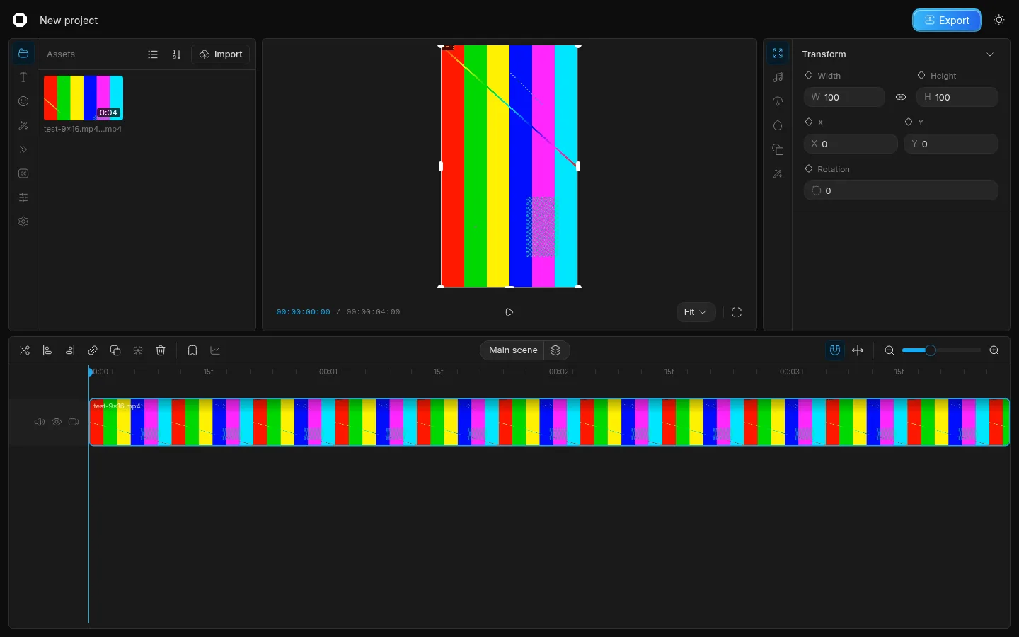 หน้าตัดต่อของ opencut.app ธีมมืด มีคลิปทดสอบแถบสีแนวตั้งอยู่ในแผง Assets ภาพตัวอย่างตรงกลาง แผงขวาแสดง Transform มีช่อง Width, Height, X, Y และ Rotation และคลิปวางบนไทม์ไลน์ด้านล่างยาว 4 วินาที