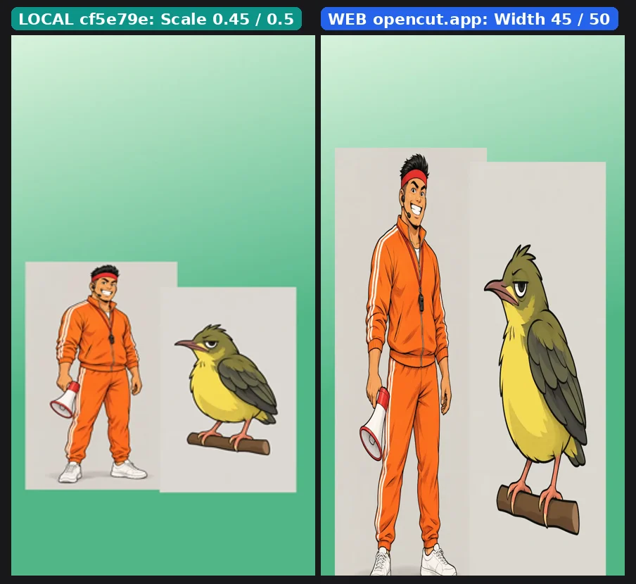 ภาพจากวินาทีที่ 1 ของไฟล์ export วางเทียบกัน ซ้ายคือตัวในเครื่องที่ใช้ Scale 0.45 และ 0.5 พี่โชว์กับน้องกายสัดส่วนปกติอยู่ครึ่งล่างของจอ ขวาคือ opencut.app ที่ใส่แค่ Width 45 และ 50 ทั้งสองตัวผอมและสูงเกือบเต็มจอ