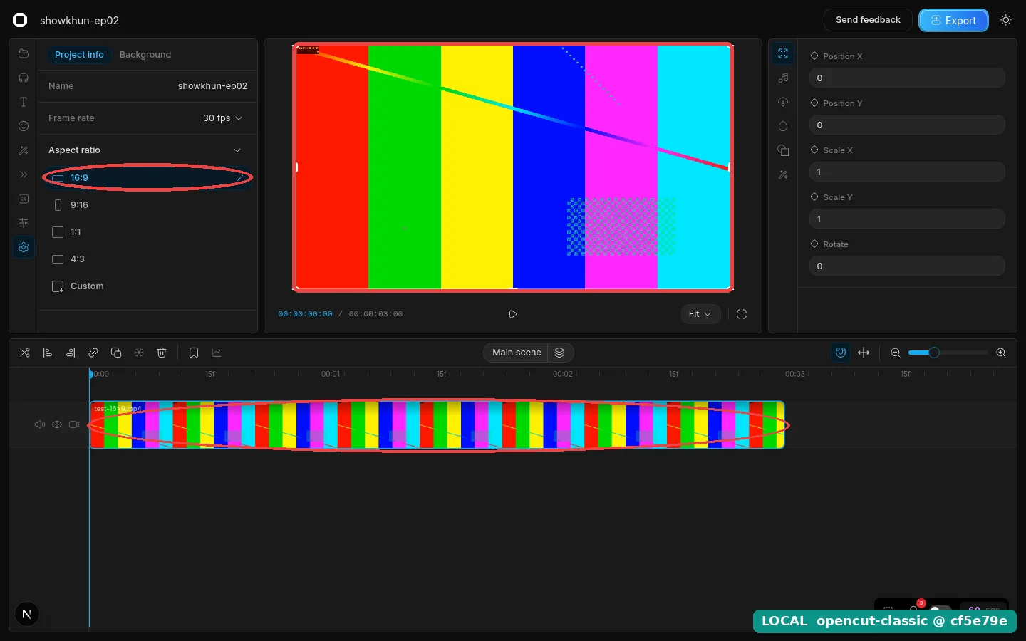 หลังวางคลิปแถบสีแนวนอนลงไทม์ไลน์เป็นชิ้นแรก แท็บ Settings มีเครื่องหมายถูกย้ายไปอยู่ที่ 16:9 วงแดงล้อมไว้ Preview กลายเป็นภาพแนวนอนเต็มกรอบ และวงแดงล้อมคลิปบนไทม์ไลน์ยาว 3 วินาที