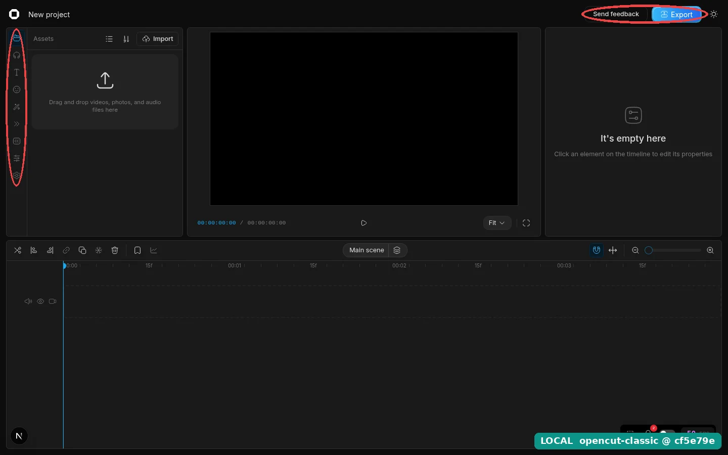 หน้า editor ว่างของตัวที่รันในเครื่อง แถบแท็บด้านซ้ายมี 9 ไอคอน รวมไอคอนหูฟังของแท็บ Sounds และมุมขวาบนมีปุ่ม Send feedback ข้างปุ่ม Export ป้ายมุมขวาล่างเขียน LOCAL