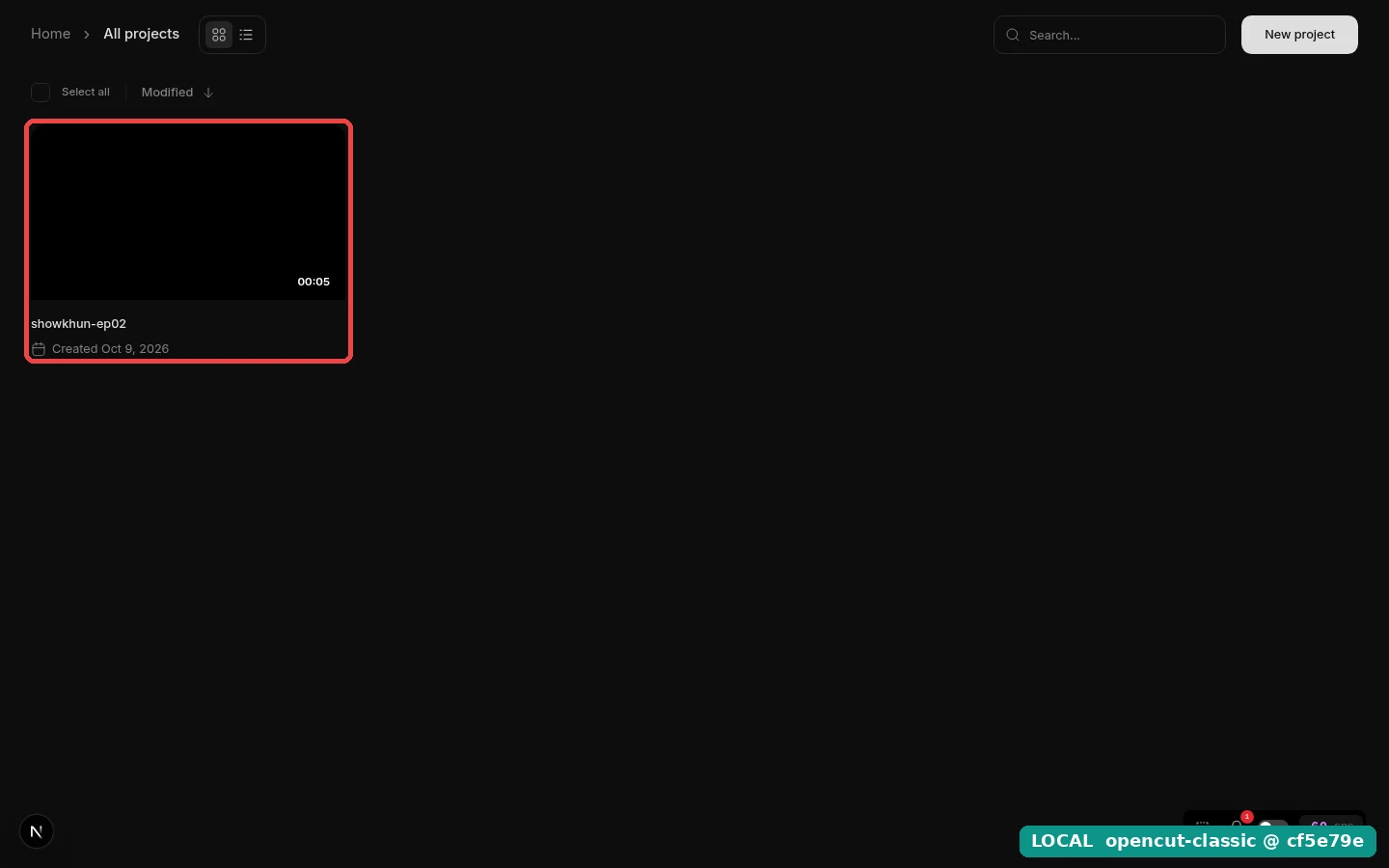 หน้า All projects มีการ์ดโปรเจกต์ showkhun-ep02 ยาว 00:05 Created Oct 9, 2026 อยู่ในกรอบแดง