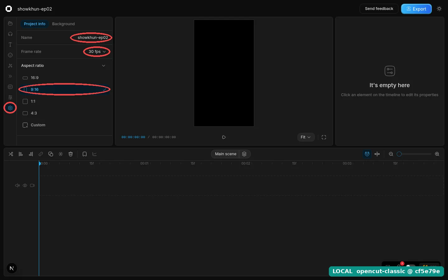 แท็บ Settings เปิดอยู่ วงแดงล้อมไอคอนเฟือง ช่อง Name ที่เขียน showkhun-ep02 ช่อง Frame rate 30 fps และแถว 9:16 ที่มีเครื่องหมายถูก Preview ตรงกลางกลายเป็นกรอบดำแนวตั้ง