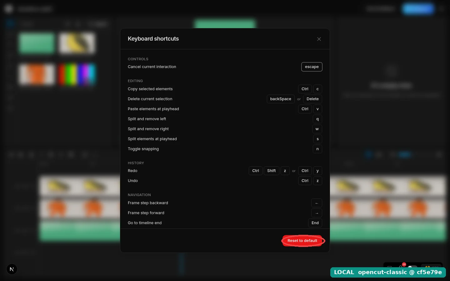 หน้าต่าง Keyboard shortcuts หมวด CONTROLS, EDITING, HISTORY และ NAVIGATION เช่น Copy selected elements Ctrl c, Split elements at playhead s, Toggle snapping n, Undo Ctrl z วงแดงล้อมปุ่ม Reset to default มุมขวาล่าง