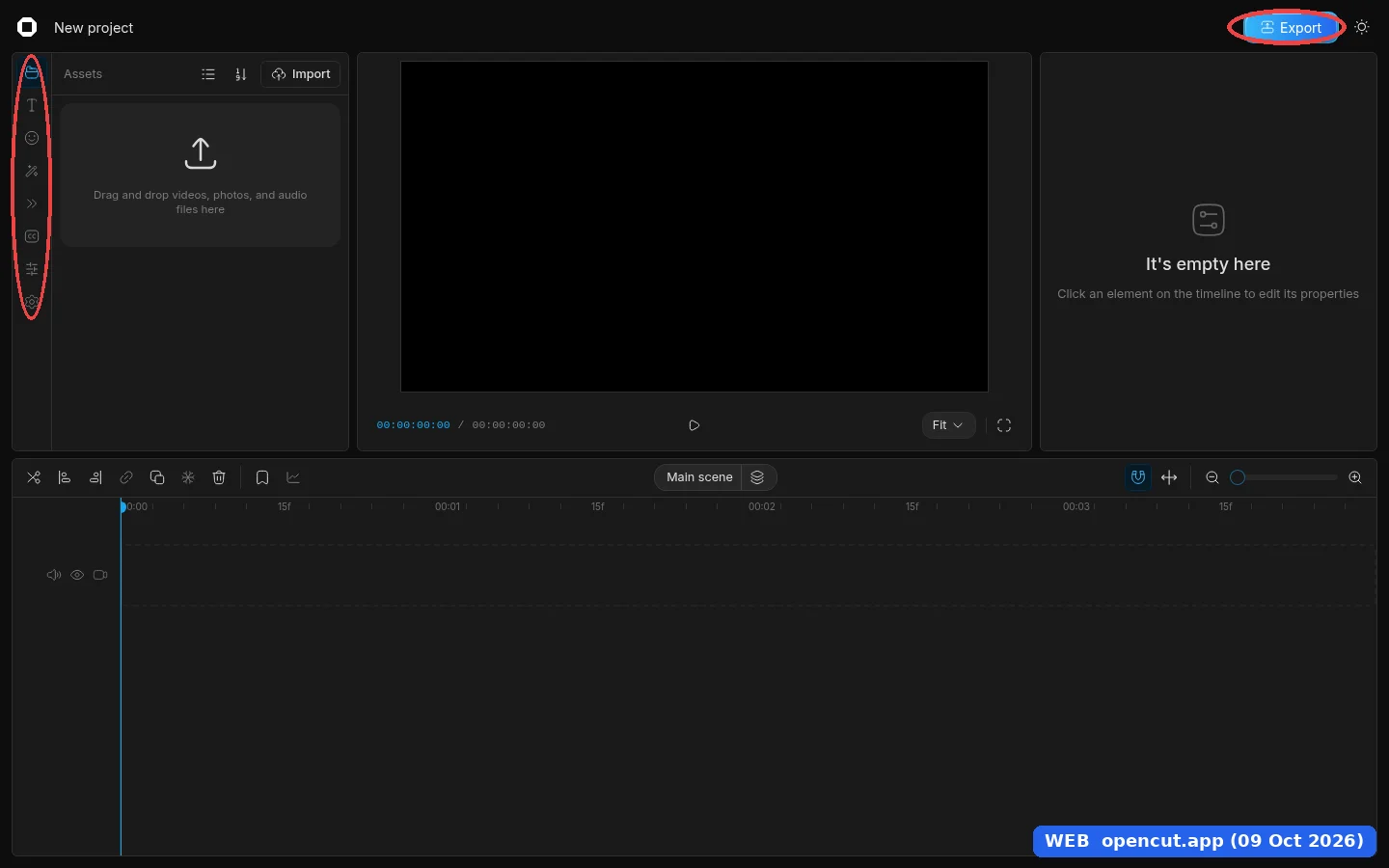 เทียบหน้า editor ว่างของ 2 เวอร์ชัน ภาพนี้คือ opencut.app แถบแท็บด้านซ้ายมี 8 ไอคอน ไม่มีไอคอนหูฟังของแท็บ Sounds และมุมขวาบนมีแค่ปุ่ม Export กับปุ่มธีม ไม่มีปุ่ม Send feedback ป้ายมุมขวาล่างเขียน WEB opencut.app