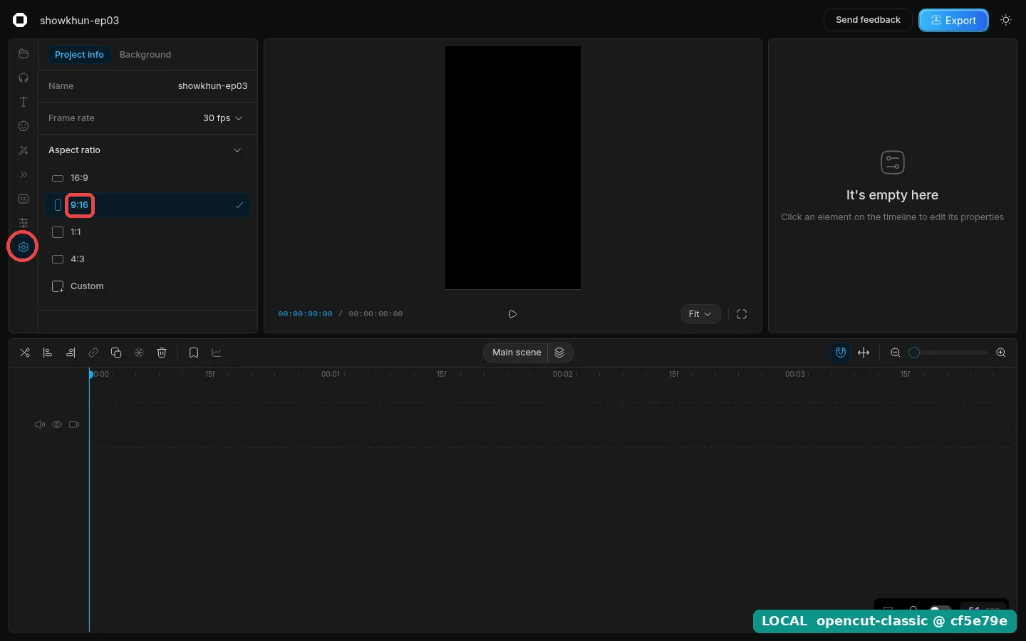 แท็บ Settings เปิดอยู่ วงแดงล้อมไอคอนเฟืองด้านซ้ายล่าง กรอบแดงล้อมตัวเลือก 9:16 ที่มีเครื่องหมายถูก ชื่อโปรเจกต์ showkhun-ep03 และ Frame rate 30 fps Preview ตรงกลางเป็นกรอบดำแนวตั้ง
