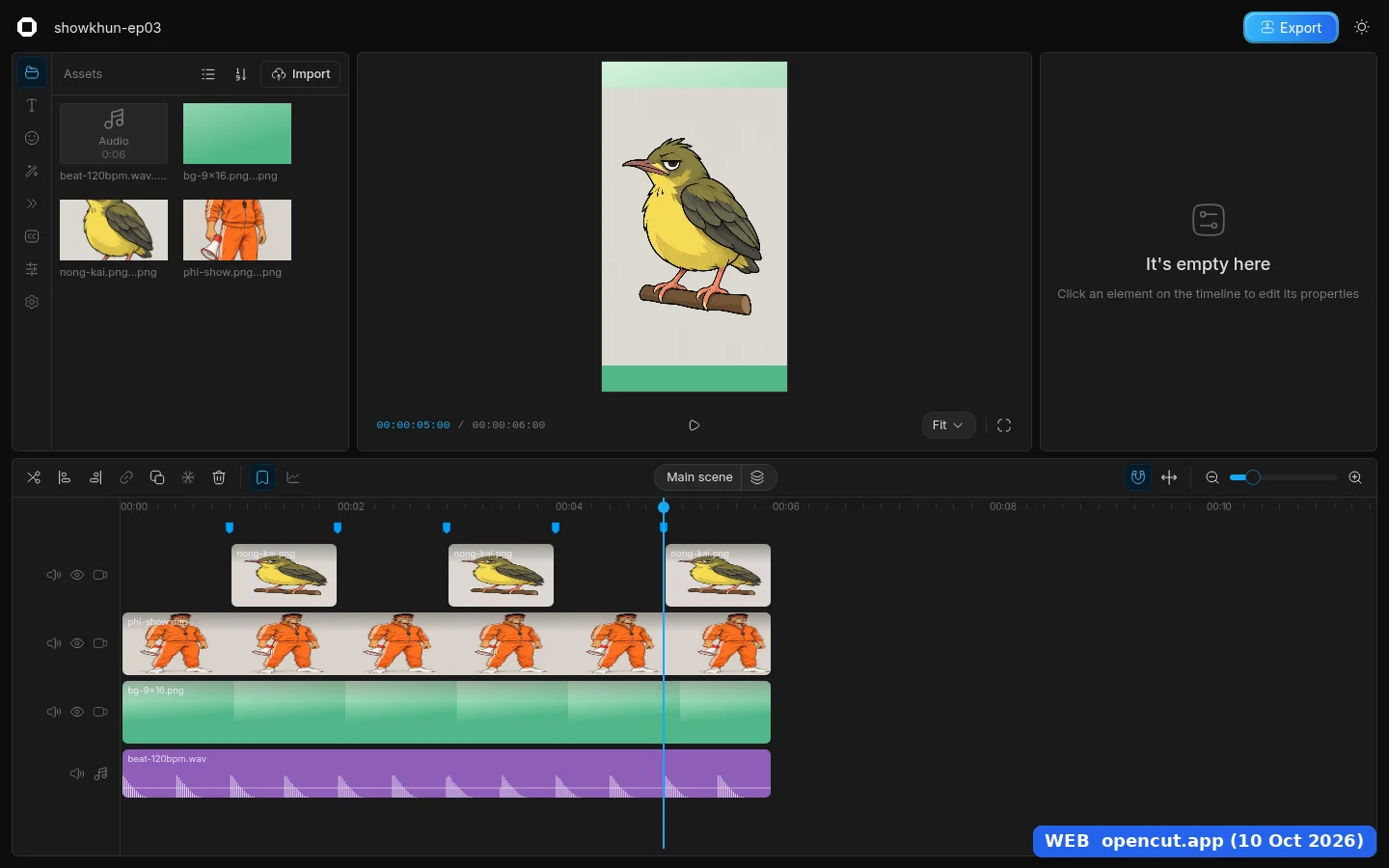 ไทม์ไลน์บน opencut.app หลังลบท่อน 2–3 และ 4–5 เหลือท่อนน้องกาย 3 ท่อนเว้นช่องสลับกันเหมือนตัวในเครื่อง ป้ายมุมขวาล่างเขียน WEB opencut.app