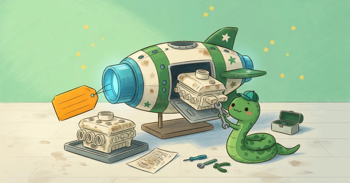 งูกำลังเปลี่ยนเครื่องยนต์ยานอวกาศจำลอง สื่อถึงการย้ายโค้ด EVE Online ไปใช้ Python 3