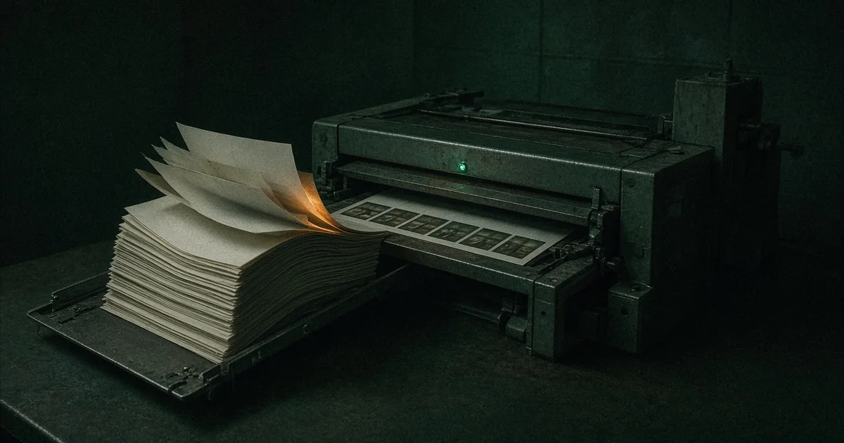 เครื่องพิมพ์ภาพย่อเอกสารที่รับกองกระดาษ PDF โดยมีแผ่นหนึ่งล้นถาดและขอบเป็นสีอำพัน