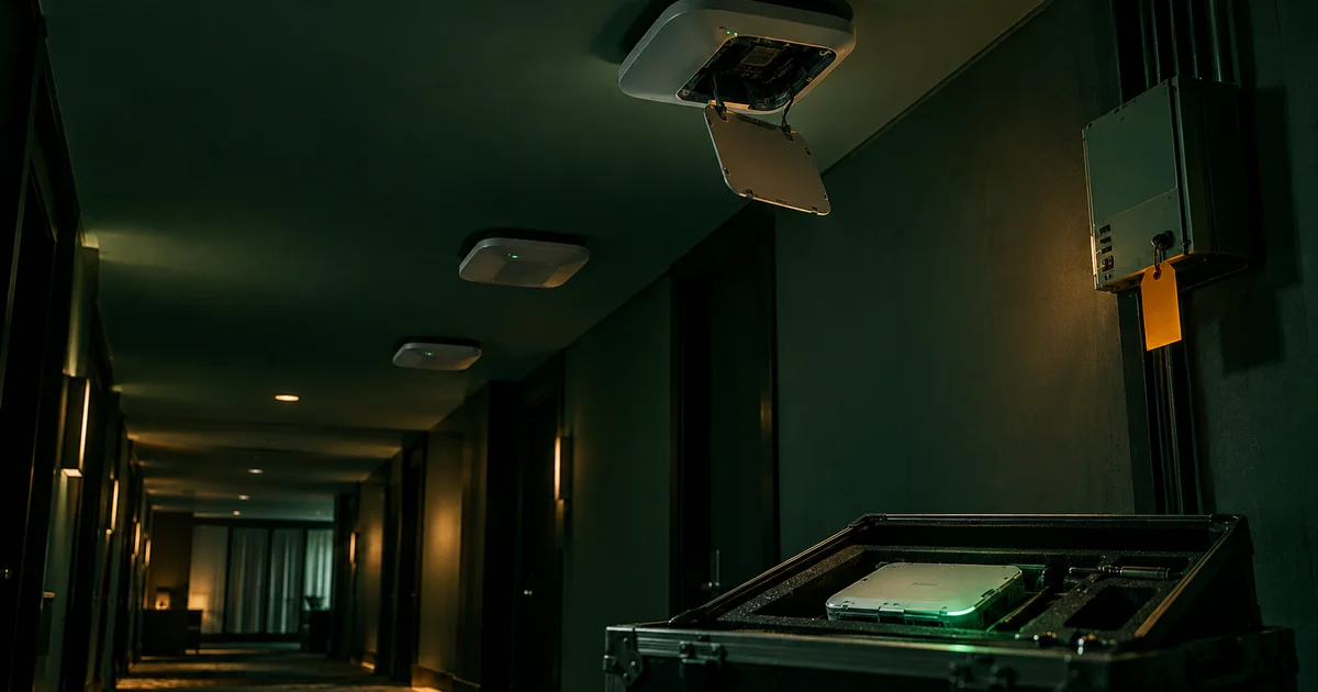 ทางเดินโรงแรมที่ติดตั้งแอ็กเซสพอยต์ไวไฟองค์กรเรียงบนเพดาน ตัวหนึ่งเปิดฝาอยู่ ด้านล่างมีกล่องเครื่องมือที่มีโมดูลใหม่เรืองแสงสีเขียว