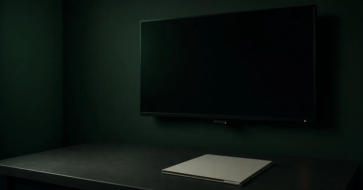 ห้องควบคุมมืดโทนเขียวเข้ม มีทีวี OLED สแตนด์บายกับเอกสารคำชี้แจงว่างเปล่าและไฟอำพันจุดเดียวบนไมโครโฟน