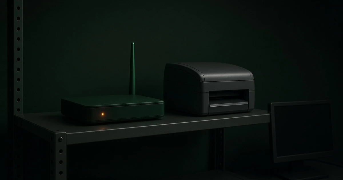 เราเตอร์เขียวเข้มและปริ้นเตอร์ IoT บนชั้นโลหะในห้องมืด มีไฟอำพันจุดเดียวบนเราเตอร์