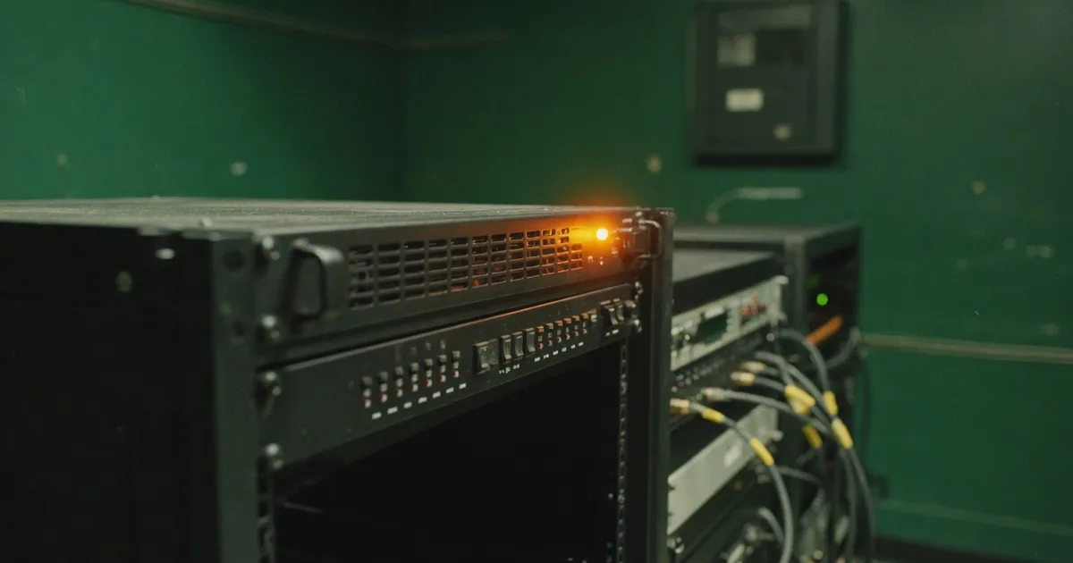 ห้องควบคุมมืดมีเซิร์ฟเวอร์ Remote Desktop และไฟอำพันเตือนหนึ่งจุดบนแร็ค